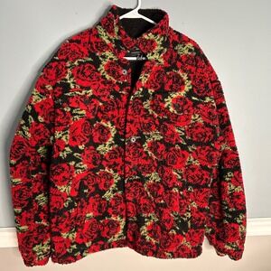 Forever 21 Men Fleece Jacket Red rose Black Floral Print Sherpa Collar Size M